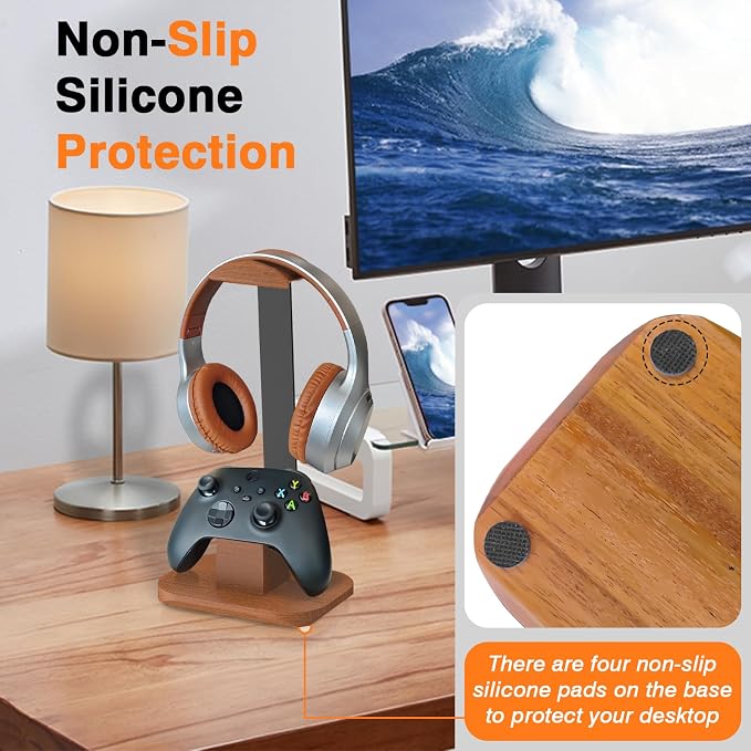 Walnut Headphone and Controller Stand, Desk Gaming Equipment Wooden Headset Controller Holder, Earphone Hook for Game Room Desktop PC Accessories, Gamer Gifts