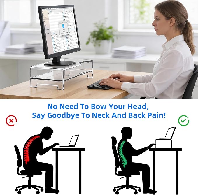 Acrylic Monitor Stand Riser L16''xW7.5''xH4.7'' 2-Tier Acrylic Laptop Stand Clear Computer Stand Laptop Riser with Storage Desk Organizer Accessories for Home and Office