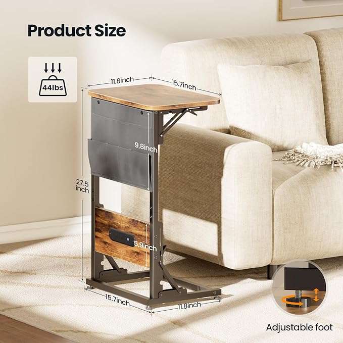 HLDIRECT C Shaped End Table with Charging Station, Couch Side Table with Storage Bag, Foldable TV Tray with 2 USB Ports and Outlets for Living Room, Bedroom, Rustic Brown