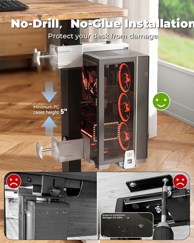 JOY worker No Drilling Under Desk PC Mount for Standing Desk, Clamp-On Desk Leg Computer Mount with Extra Protective Arms, Adjustable Computer Case CPU Holder Holds Up to 44lbs, White