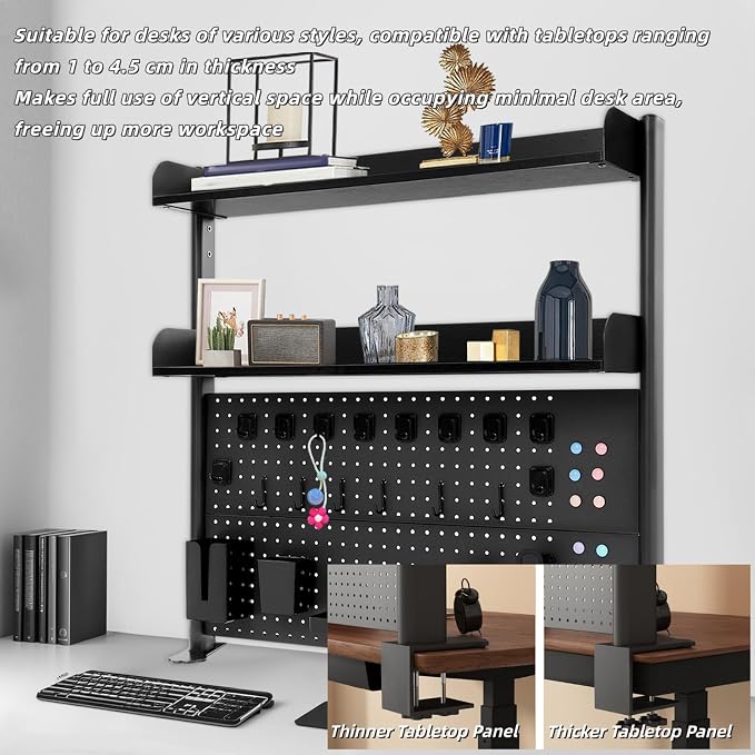 Clamp on Desk Pegboard, 39.4" W x 37.4" H Desk Extender Pegboard Bookshelf Computer Desk Accessories with Shelf for Tool Organizer Office, Privacy Panel for Gaming Desk, Black