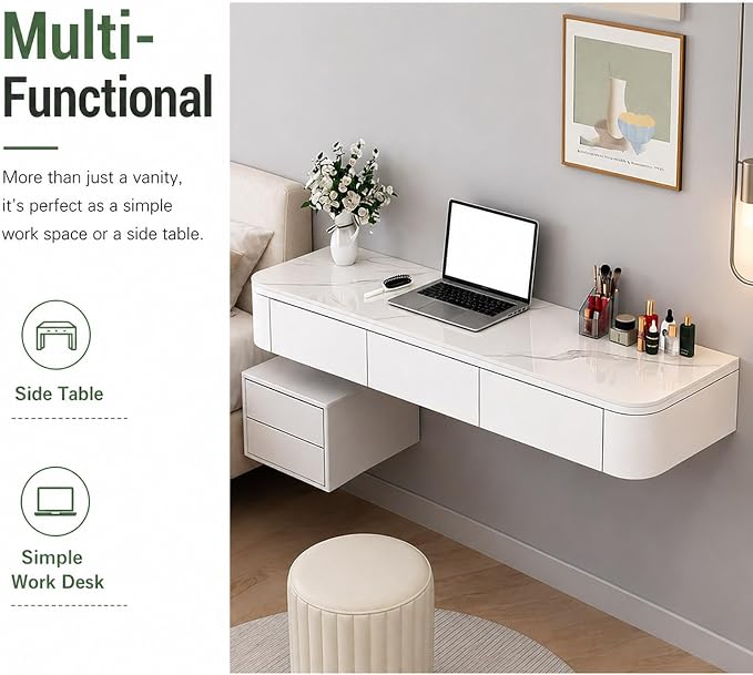 Floating Makeup Vanity Desk With Drawers Wall Mounted Makeup Table With Storage Fully Assembled Floating Vanity Desk Space Saving Modern Dressing Table For Bedroom Closet(White Marble,47.2")