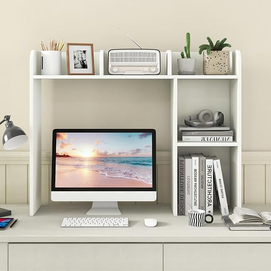 Desktop Bookshelf, 3-Tier Desk Organizer Shelves with 5 Display Rack, Countertop Storage Bookcase for Computer Desk, Desk Hutch Shelf for Top of Desk, Dorm, Home, Office (White)