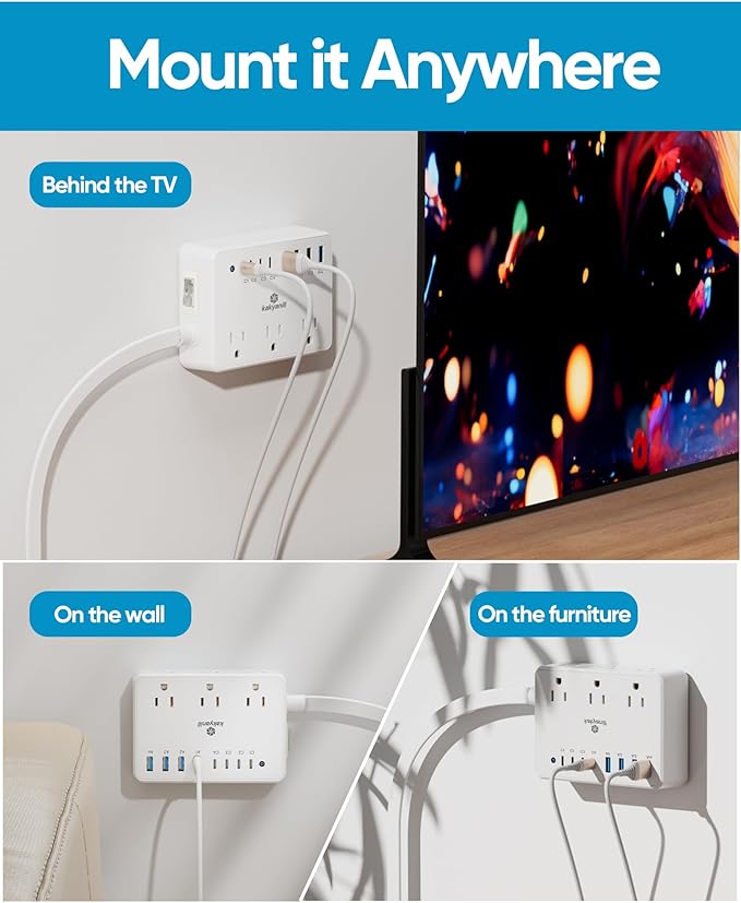 Small Surge Protector Power Strip, Kakyanill 5 ft Flat Extension Cord with 4 Outlets 3 USB Ports (2 USB C), 900 Joules Protection, Suitable for Home Office Dorm Room, White