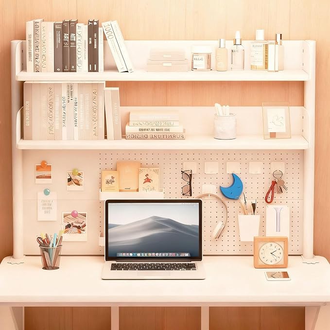 Clamp On Desk Shelf Organizer with Pegboard Desk Hutch Dorm with Storage Bookshelf Desk Top Organizer Shelf Multi-Purpose White & Black Desktop Shelves & Office Shelves (White, W - 31.5")