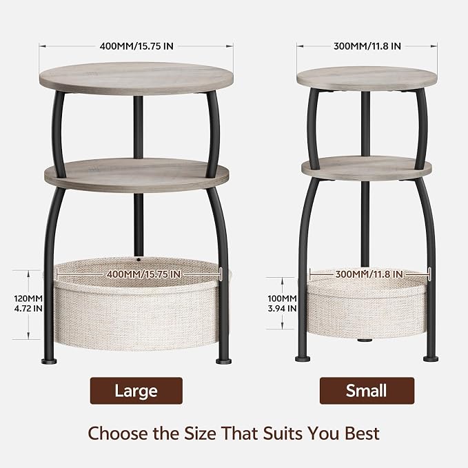 Small Side Table with Storage, 15.75in Round End Table with Basket, USB Port and Outlet, 3 Tiers Sofa Couch Table Bedside Table for Living Room Bedroom, Small Spaces, Greuge