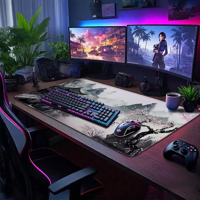 Japanese Black and White Cherry Blossoms Large Gaming Mouse Pad 31.5"x15.7"｜XXL Desk Mat, Non-Slip Rubber Base & Stitched Edges - Extended Mousepad for PC/Laptop/Office/Home Decor