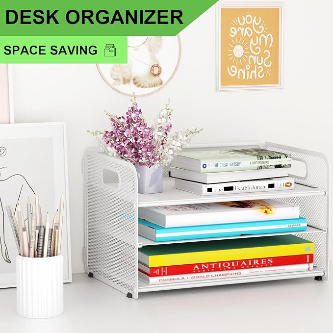 3 Tier Letter Tray Paper Organizer with Handle, Mesh Desk Organizer Paper Sorter File Rack Shelves, White