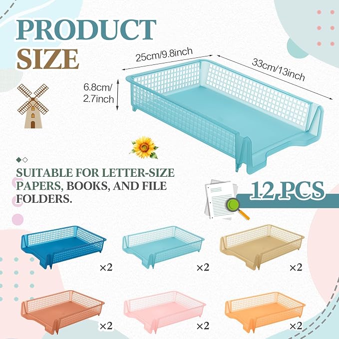 Geetery Set of 12 Plastic Trays for Teachers Turn in Trays Classroom Stackable Paper Tray Plastic Classroom Teachers Desk Letter Organizer Storage Baskets for Office, Desk, Home (Clear Boho Color)