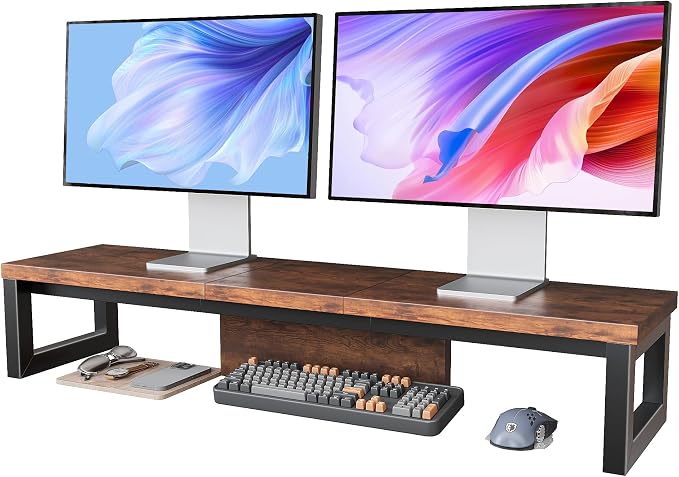 Dual Monitor Stand Riser, Wood and Steel Monitor Riser, Long Computer Monitor Stands for 2 Monitors, Desk Shelf for Computer, Laptop, Printer, TV, Brown