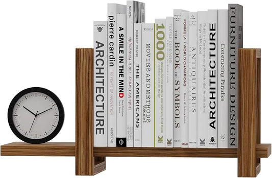 100% Solid Wood Adjustable Desktop Bookshelf, Retro Tabletop Bookshelf, Desk Shelf Holder for Living Room, Home, Office, Perfect for Magazine, Books, Cookbooks, No Tools Required to Assemble (Brown)