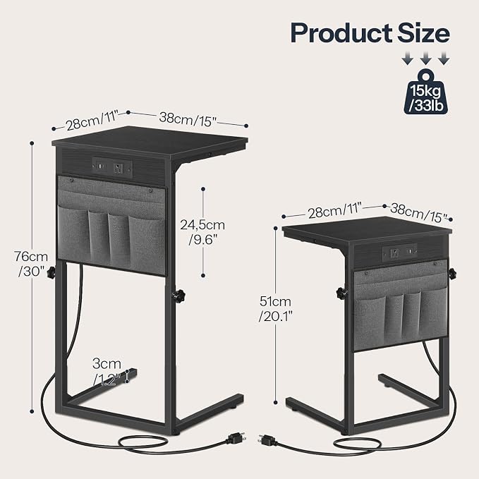 HOOBRO C Shaped End Table with Charging Station, 30” Adjustable Height Sofa Side Table with Storage Pocket, Slide Under Couch Table for Sofa Arm Tray, for Living Room, Bedroom, Black BB77USF01