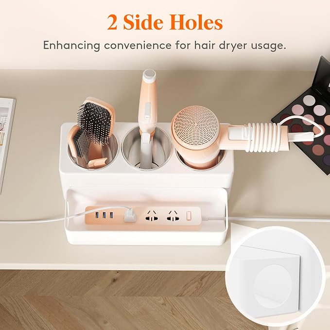 Lifewit Hair Tool Organizer Countertop, Removable Blow Dryer Holder for Bathroom, Acrylic Hot Tools Organizer Storage for Curling Iron, Brush, Straightener, 3 Stainless Cups, White, 30 cm/12 inch(L)