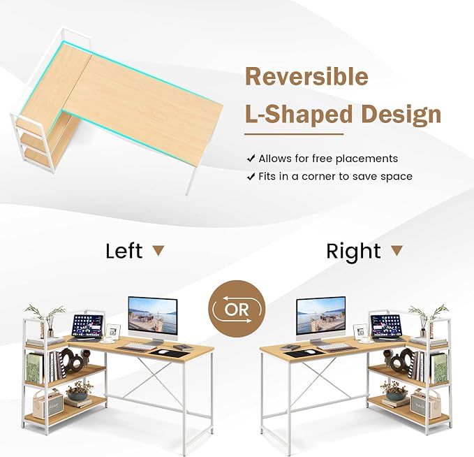Tangkula Reversible L-Shaped Computer Desk, Space Saving Corner Desk with 3-Tier Storage Shelves & Metal Frame, Modern Executive Home Office Desk, PC Laptop Desk Workstation for Small Space (Natural)