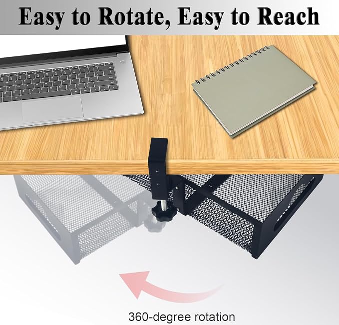 Under Desk Organizer 360° Swivel,under Desk Drawer, Clamp-On No Drill Installation,Sturdy Mesh Storage Drawer for Office,Drawing Room and Kitchen Room,Art Supplies and More(Without Cup Holder)