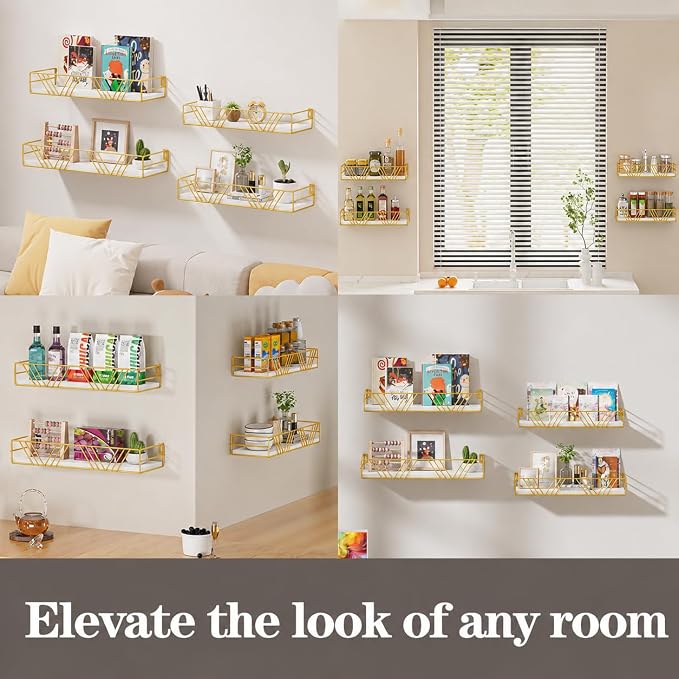 Amaoot Floating Shelves for Wall Set of 4, Different Sizes Mounted Wood Floating Shelf, Wall Shelves for Living Room,Bedroom, Bathroom, Kitchen, Farmhouse Decor, Office (Gold)