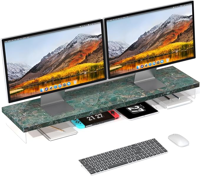 Dual Monitor Stand Riser, 40" Large Computer Monitor Stands for 2 Monitors, Wooden Desktop Organizer Shelf for Office Desk Computer, Laptop, TV, Monitor, Printer