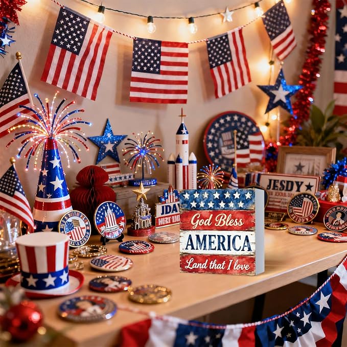 Patriotic Wooden Box Sign,God Bless America 4th Of July Signs Home Decor,Independence Memorial Day Block Sign for Desk Shelf Tabletop Decor
