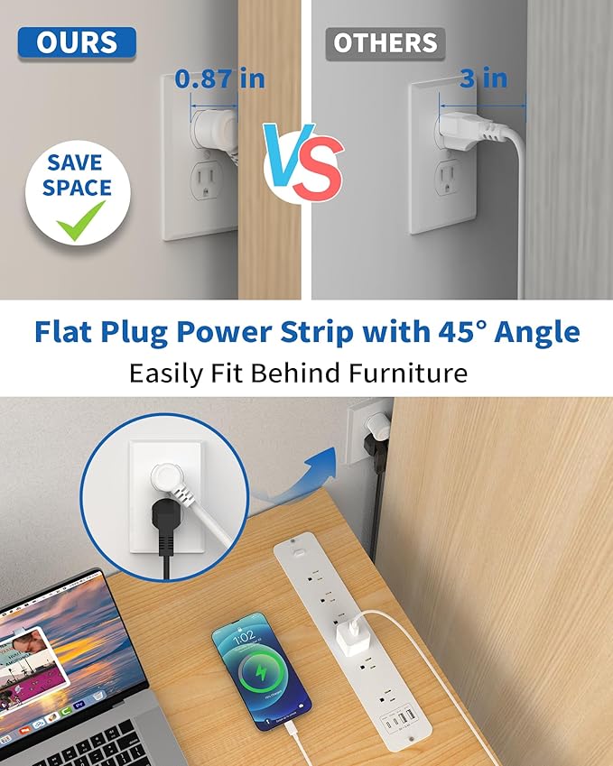 Recessed Power Strip, Flush Mount Power Strip with USB Ports, PD 20W USB C Fast Charging, 6 FT Extension Cord Surge Protector with1800J, Furniture Hidden Outlet for Side Table, End Table