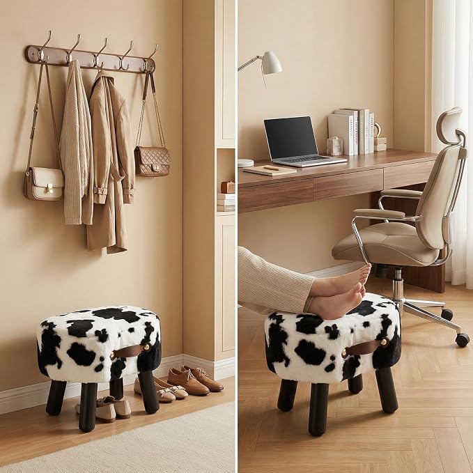 Foot Stools Small, Cow Ottomon with Handle, Velvet Footrest | Curved Foot Stool with Padded Seat Wooden Legs, Portable Foot Rest for Living Room, Bedroom, Entryway (Cow)