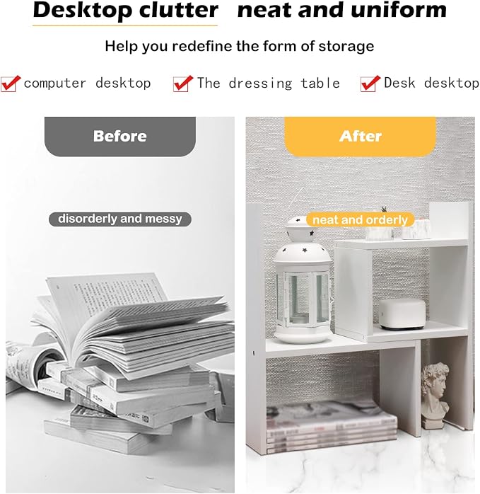 MASAKA B&W - Kawaii Storage Desktop Organizer for Your Desk Space, Double H Plants Display Shelf, Home Office Storage Rack Adjustable Stackable for Office, Dormitory (White*02)