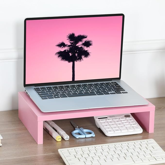 TEAMIX Pink Monitor Stand Riser, Wood Monitor Riser with Storage for Desk Small Monitor Stand TV/Screen/PC/Laptop Riser Computer Stand Desktop Shelf (Pink-14.2 inch)
