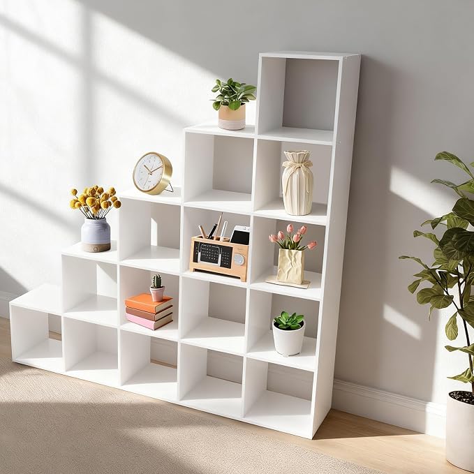 Ladder Cube Storage Bookcase, Desktop Drawers Cabinet, 15-Compartment L-Shaped Organizer, Corner Shelf, Free Standing, for Bedroom Living Room Study Office, Books Toys Decor