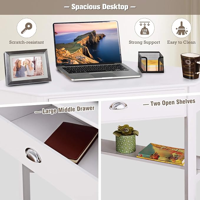 GOFLAME Computer Corner Desk, Wood Compact Home Office Writing Workstation with Drawer and Shelves, Laptop PC Corner Table for Small Space Home Office, White