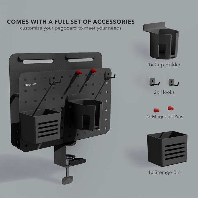 Mount-It! Desk Mounted Pegboard Organizer with 360° Rotation | Includes Cup Holder, Pen Holder, Hooks & Magnets | Clamp-on Desk Storage for Home Office, Workshop, Crafting Station (Black)