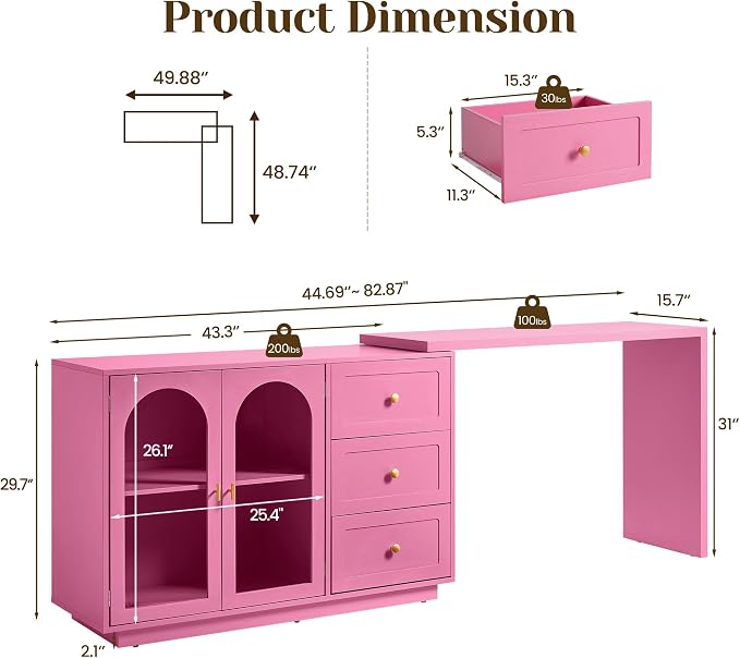 FansaFurn 83" 3-in-1 Vanity Table with 3 Drawers & 2 Doors, Extendable Makeup Vanity Desk, Morden Dressing Table for Bedroom, Dressing Room, Pink