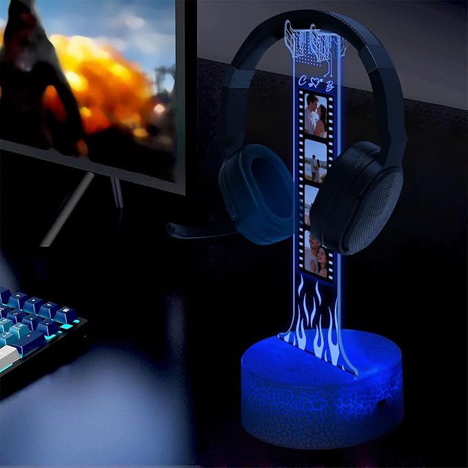 Personalized RGB LED Headphone, Custom Couple Photo Headset Holder, Gaming Decor Gift for Boyfriend, Valentines Day Gift for Him, Custom Couple Gifts, Gifts for Gamers, Photo Headphone