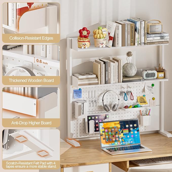 Adjustable Desktop Hutch Bookshelf, Desk Shelf Organizer with Pegboard and Thickened Metal Frame, 2 Tier Display Rack, Countertop Storage, Wood Bookcase for Home, Dorm or Office, White, 38.9" W