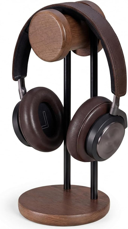 Fenge Headphone Stand for Desk, Nature Wood & Metal Headphone Holder with Storage Base, Desktop Headset Stand for Gaming Universal Headphones, Walnut