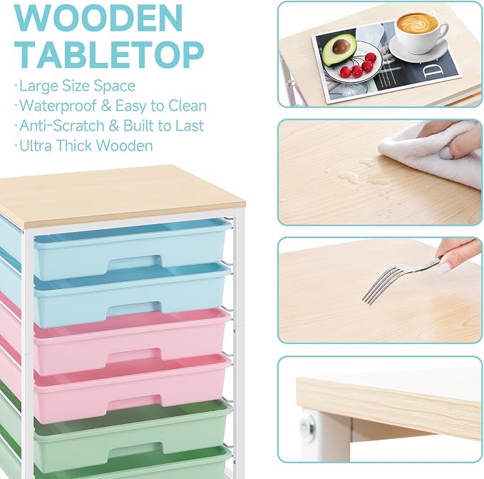 SYKIARIOL Rolling Cart with Drawers,Utility Cart with 6 Drawers,Rolling Storage Cart with Drawers and Wooden Tabletop & Lockable Wheel,Colorful