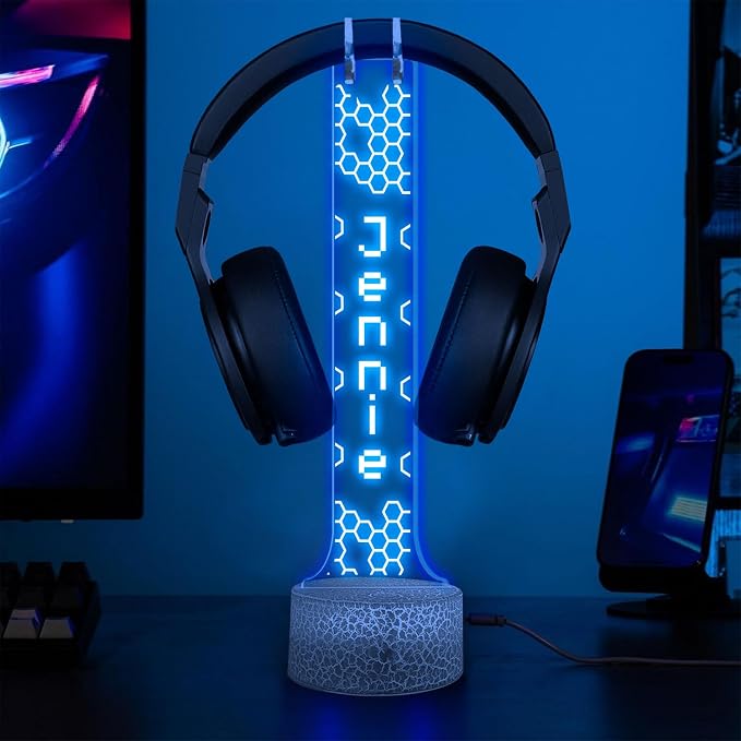 Personalized RGB Light-Up Headphone Holder, Custom Gamer Name Headset for Gamer Desk, Valentine Gift for Him, Gaming Room Decoration, Boyfriend Gifts for Gaming Lovers
