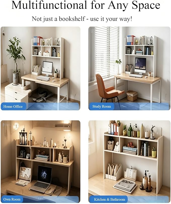 White Desk Hutch for Dorm Room, Over-Desk Organizer Shelf with 6 Cubbies, Desktop Bookshelf Storage Display Rack, Desk Topper Shelf for College Dorm, Home Office