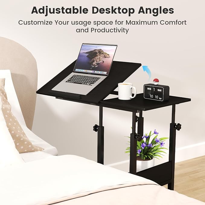 Hadulcet Adjustable C Table with Charging Station, Tiltable Desk C Shaped End Table for Couch, Over Bed Stand with Wheels Adjustable Height, Hospital Table Laptop Stand Drawing Desk, Black