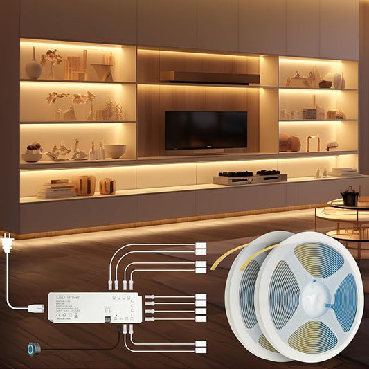 HAMRVL 12V COB LED Strip Lights 32.8ft (2 Rolls of 16.4ft), Plug-in 3000K Warm White Shelf Lights 320LEDs/M DIY Cut to Size Dimmable Under Shelf Lighting for Bookshelf, Display Case, Kitchen Cabinet