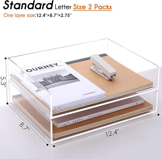 Paper Tray Organizer Clear Acrylic Desk Organizers and AccessoriesOffice Supplies Organization Stackable File Holder-Art Storage for School Classroom Workspace Letter Tray-2 Pack/2 Tier…