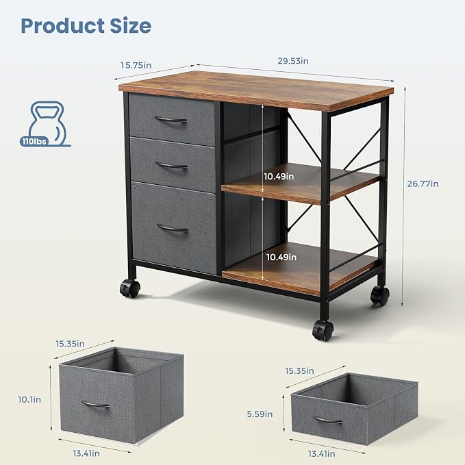 OLIXIS 3-Tier Printer Stand with Fabric Storage Drawer, Rolling Printer Cart with Lockable Wheels and Metal Frame, Under Desk Table with Open Storage Shelf for Small Spaces, Home, Office, Gray