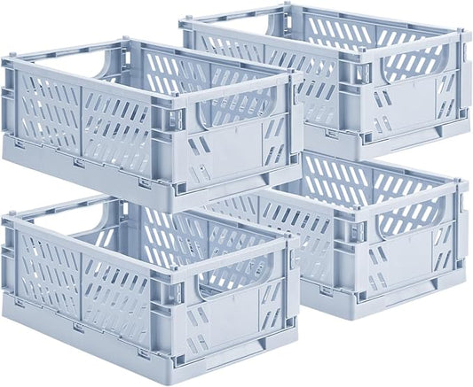 HUUSMOT 4-Pack Small Pastel Plastic Storage Baskets, Collapsible Crates for Organizing, Space-Saving Mini Bins for Classroom, Kitchen, Office, Bedroom (Blue, 9.8" x 6.5" x 3.8")