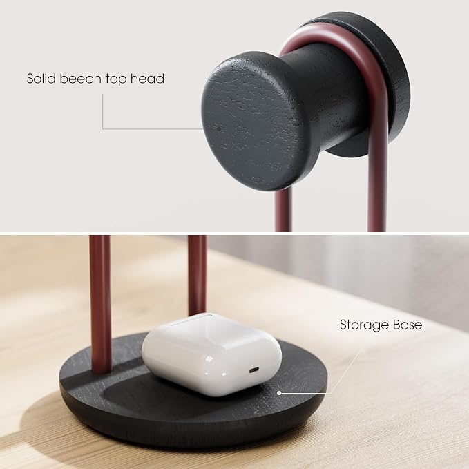 Fenge Headphone Stand for Desk, Nature Wood & Metal Headphone Holder with Storage Base, Desktop Headset Stand for Gaming Universal Headphones, Black