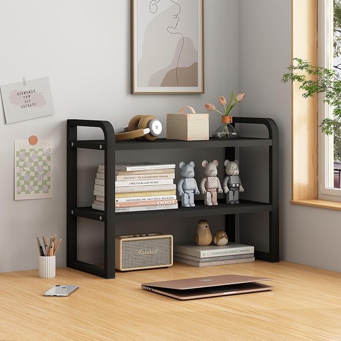 Office Desk Shelf Organizer, Wood Desktop Bookshelf Supplies Storage Rack, Shelf for Top of Desk and Dresser and Cubicle Decor Aesthetic Bookshelf (Black Black-Two Tier)