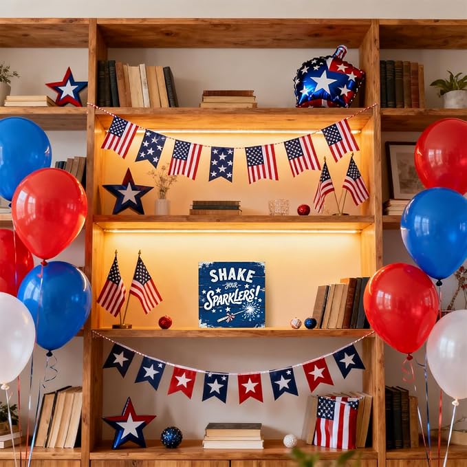 Patriotic Wooden Box Sign,Shake Your Sparklers 4th Of July Signs Home Decor,Independence Memorial Day Block Sign for Desk Shelf Tabletop Decor