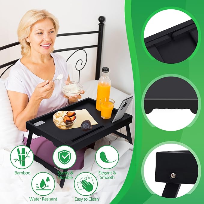 Artmeer Bamboo Bed Tray Table with Folding Legs, Phone/Tablet Holder, Foldable Breakfast Table, Laptop Desk (Black, Medium) (Pack of 2)
