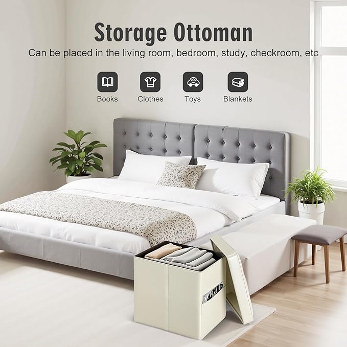 Ottoman with Storage, Slim Tall Foot Rest Stool with Thicker Foam Padded Seat. Folding Leather Storage Ottoman Furniture with Handles & Side Pocket for Living Room Bedroom 350 lbs, 17x13x17in, Beige