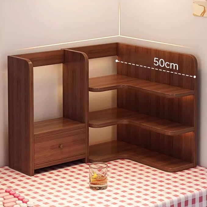 Desktop Corner Bookshelf with Storage Stable Wooden Structure Multifunctional Freestanding Display Rack for Home Dorm Office Supplies(Natural)