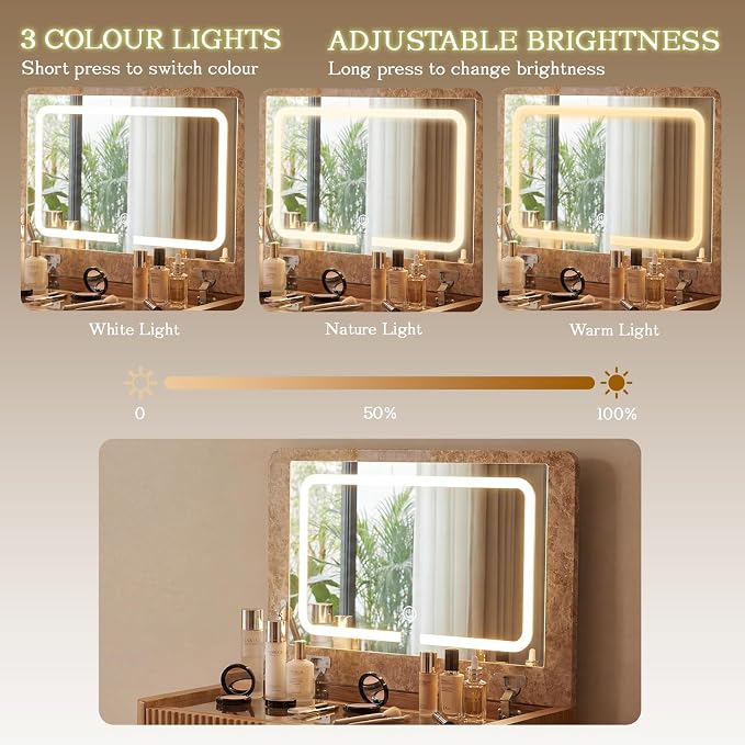 3-in-1 Small Vanity Desk with Drawers & Stool, Space Saving Makeup Vanity Dresser Set with Ample Leg Room, Sturdy 24" Nightstand with Mirror Bedside Table Combo for Bedroom Small Space,Natural