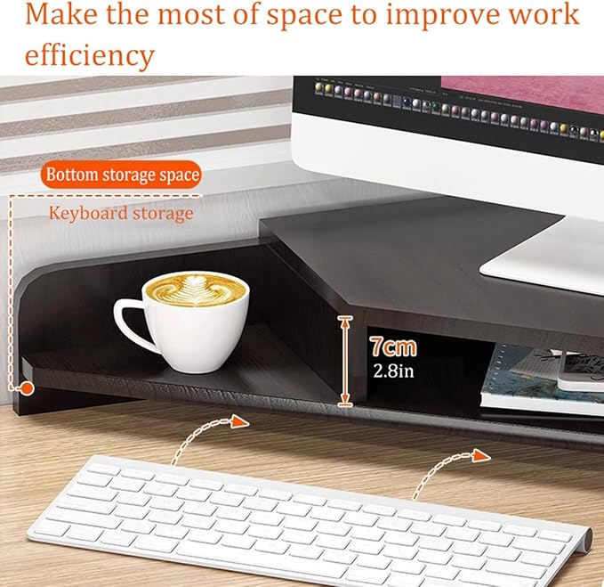 Ergonomic Corner Monitor Stand Riser, Desktop Corner Shelf with Cup Holders and 2 Tiers Storage, Space Saving Desk Organizer Stand for Study Room (Wood color)