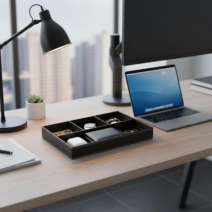 Leather Valet Tray Organizer, Stackable Nightstand & Dresser Storage Tray, Entryway Desk Catchall Tray for Keys Wallet Watch Phone, Bedside Desktop PU Leather Drawer Caddy Tray - Black
